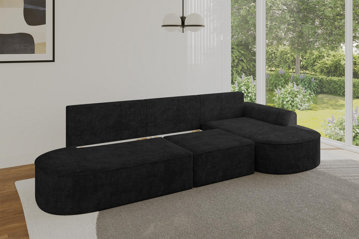 ECKSOFA mit Schlaffunktion Ottomane RECHTS MARI L2-S 368X167X85 Schwarz Velours - Schwarz, Holzwerkstoff/Kunststoff (167/368cm) - ALTDECOR