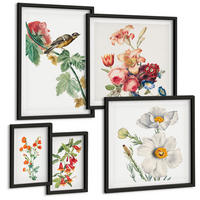 BILDER SET 5er Set - 50x50 cm & 20x30 cm & 40x60 cm Schwarzer Rahmen - Gemalte Blumen, Retro-Vogel - Schwarz, Kunststoff (40/60cm) - TULUP