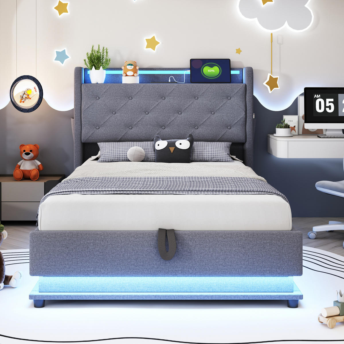 POLNJENA postelja iz leinen tkanine 90x200 cm siva z LED osvetlitvijo, 3 USB priključki, Type-C in hidravličnim prostorom - siva, tekstil (90/200cm) - Modfu