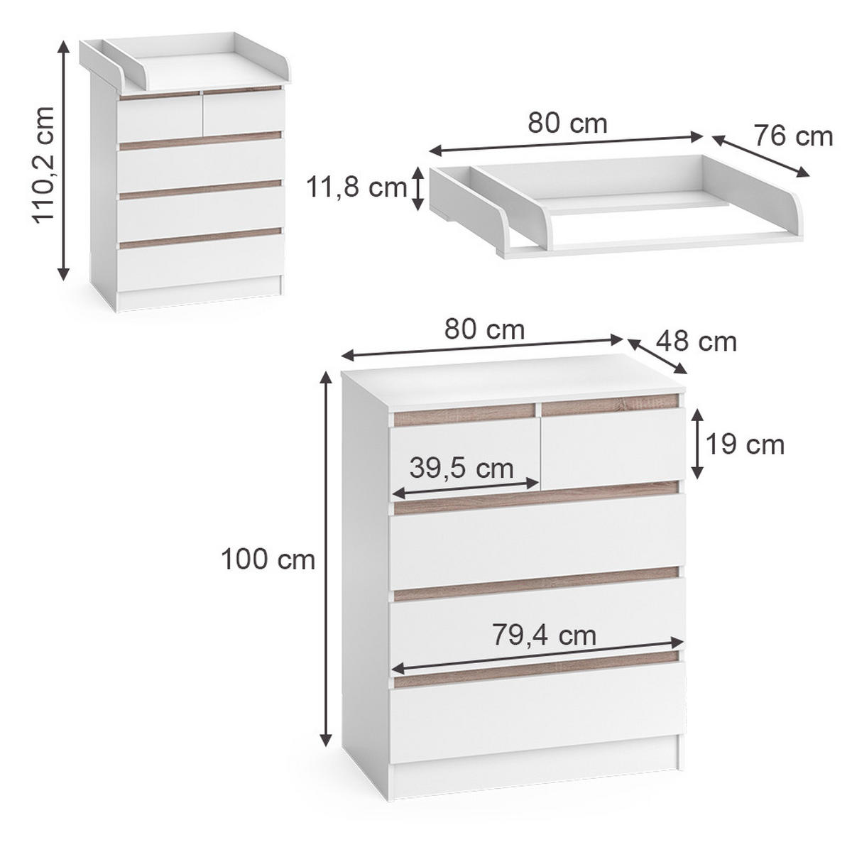 WICKELKOMMODE Emma Weiß/Sonoma 80 x 110.2 cm mit 5 Schubladen - Weiß, Holzwerkstoff (80/110.2/76cm) - Vicco