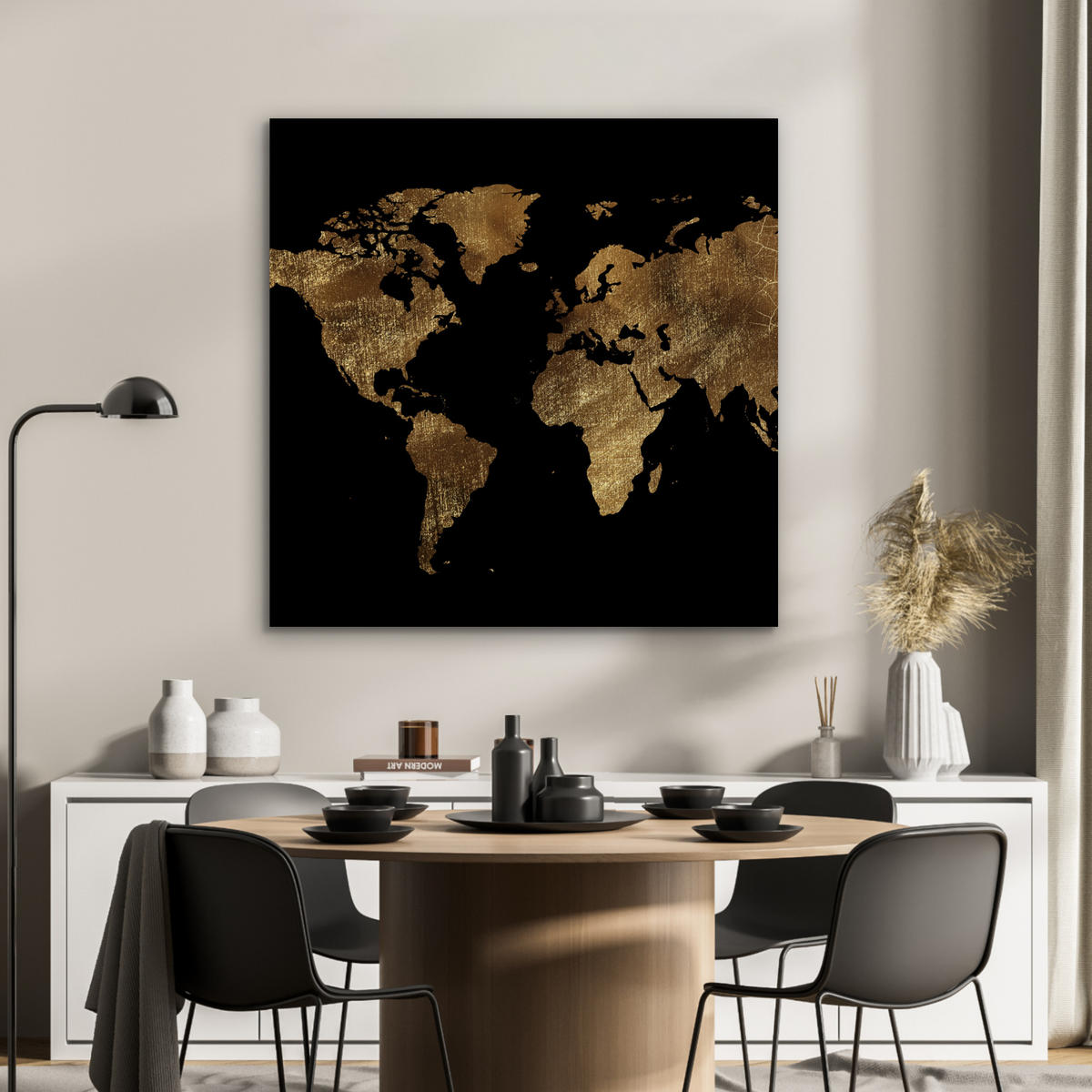 KOVOVÝ OBRAZ Mapa sveta - Zlato - Luxus - Zem - Čierna 90x90 cm - zlatá, kov (90/90cm) - MuchoWow