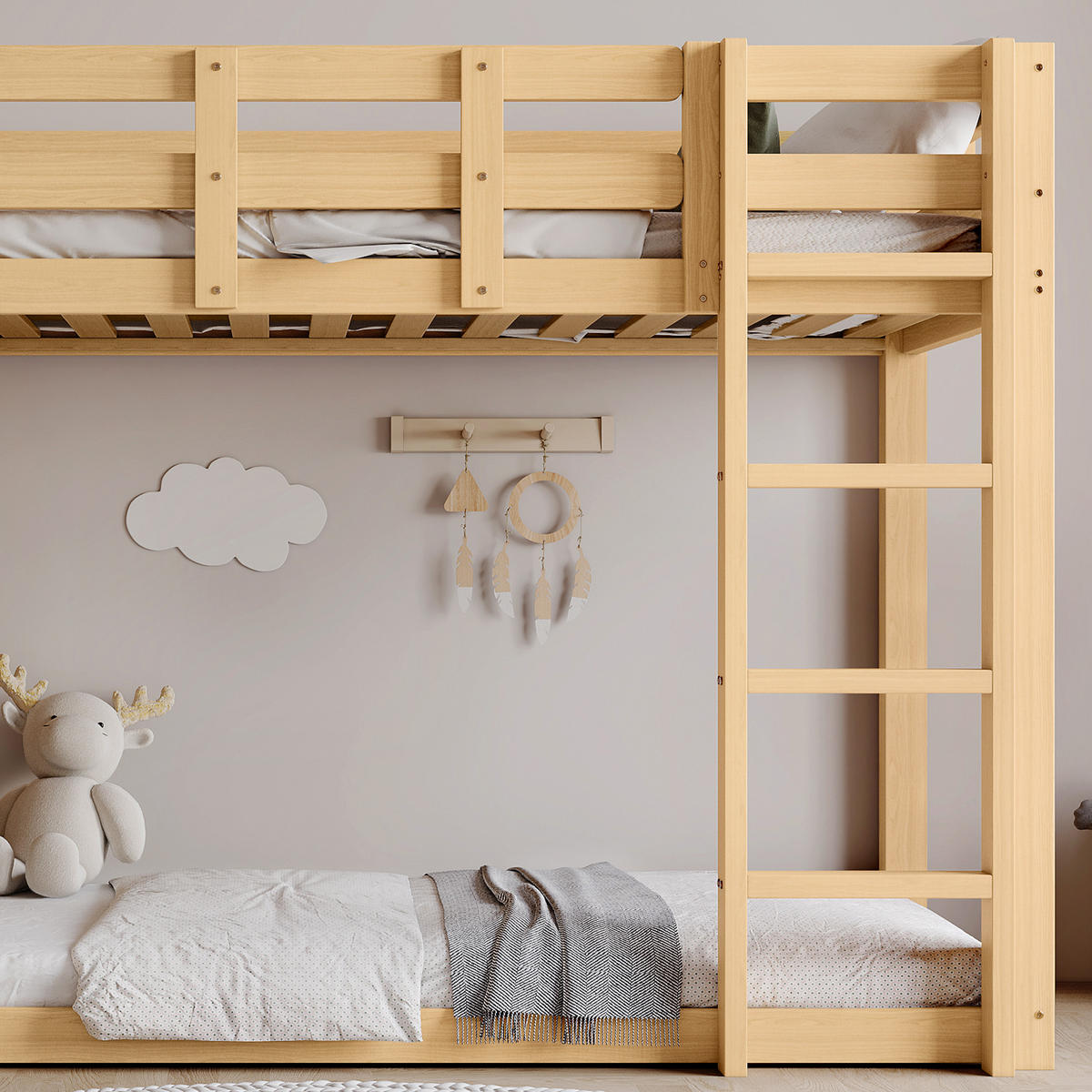 ETAGENBETT 90/200 cm Natur mit Rutsche und Bettvorhang aus MDF/Kiefer - Naturfarben, Holzwerkstoff (90/200cm) - OKWISH