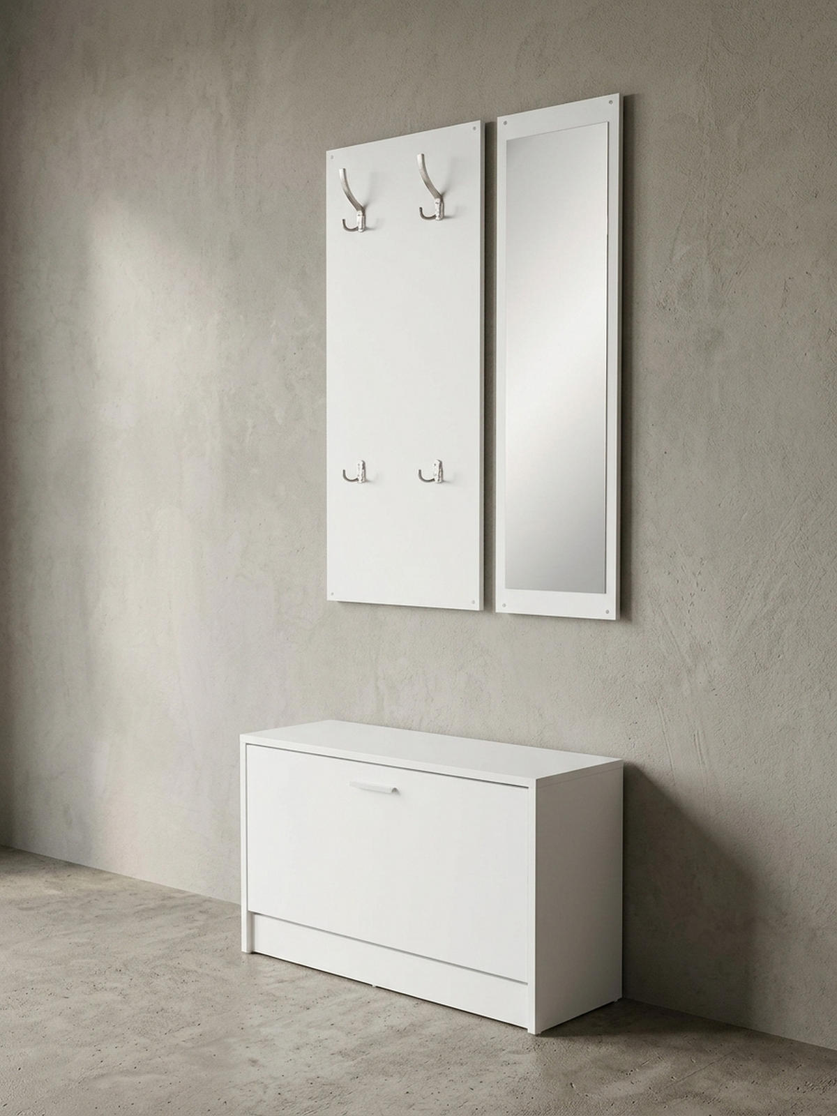 WANDGARDEROBE mit Spiegel, 10 Haken und Platz für 8 Paar Schuhe DELFT, Weiß 80x27x180 cm - Weiß, Holz (80/180/27cm) - KADIMA DESIGN
