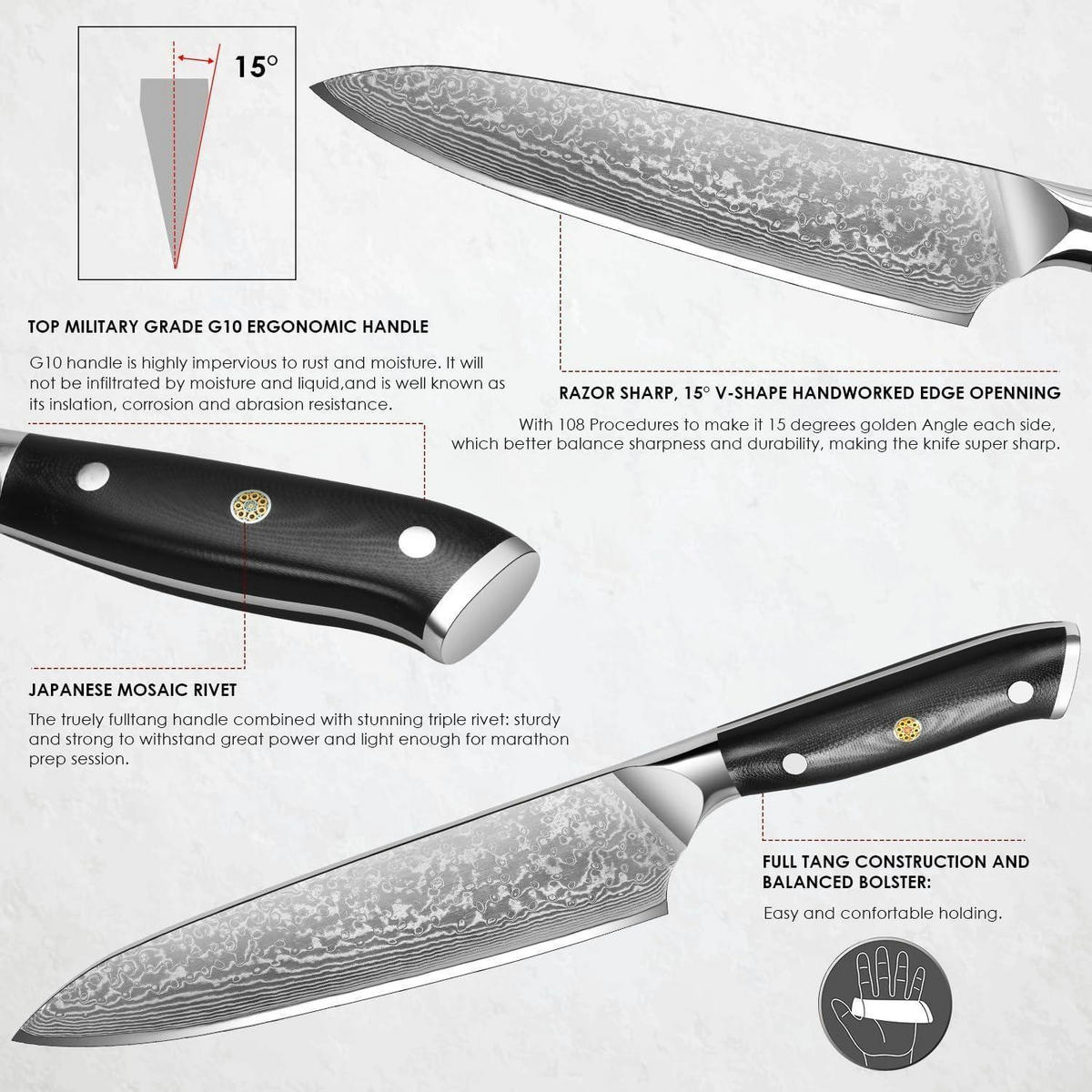KÜCHENMESSER Damast Kochmesser 20.4 cm Klinge G10-Griff - Grau, Metall (34cm)