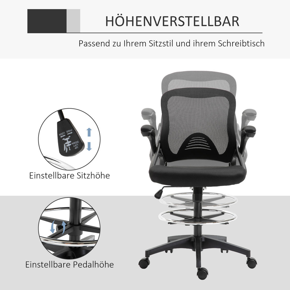 MESH Zeichenstuhl, Schwarz - Schwarz, Textil (60/126/64cm) - Vinsetto