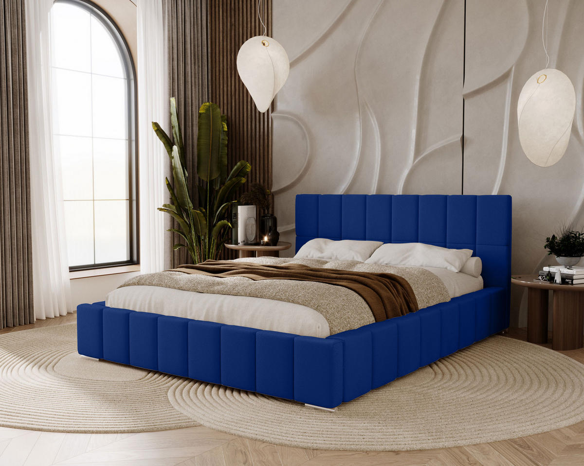 POLSTERBETT Alma 180x200 cm, Doppelbett mit Bettkasten, Lattenrost und Matratze aus Holz, Velourstoff: Dunkelblau - Dunkelblau, Holz/Kunststoff (180/200cm) - Marpur