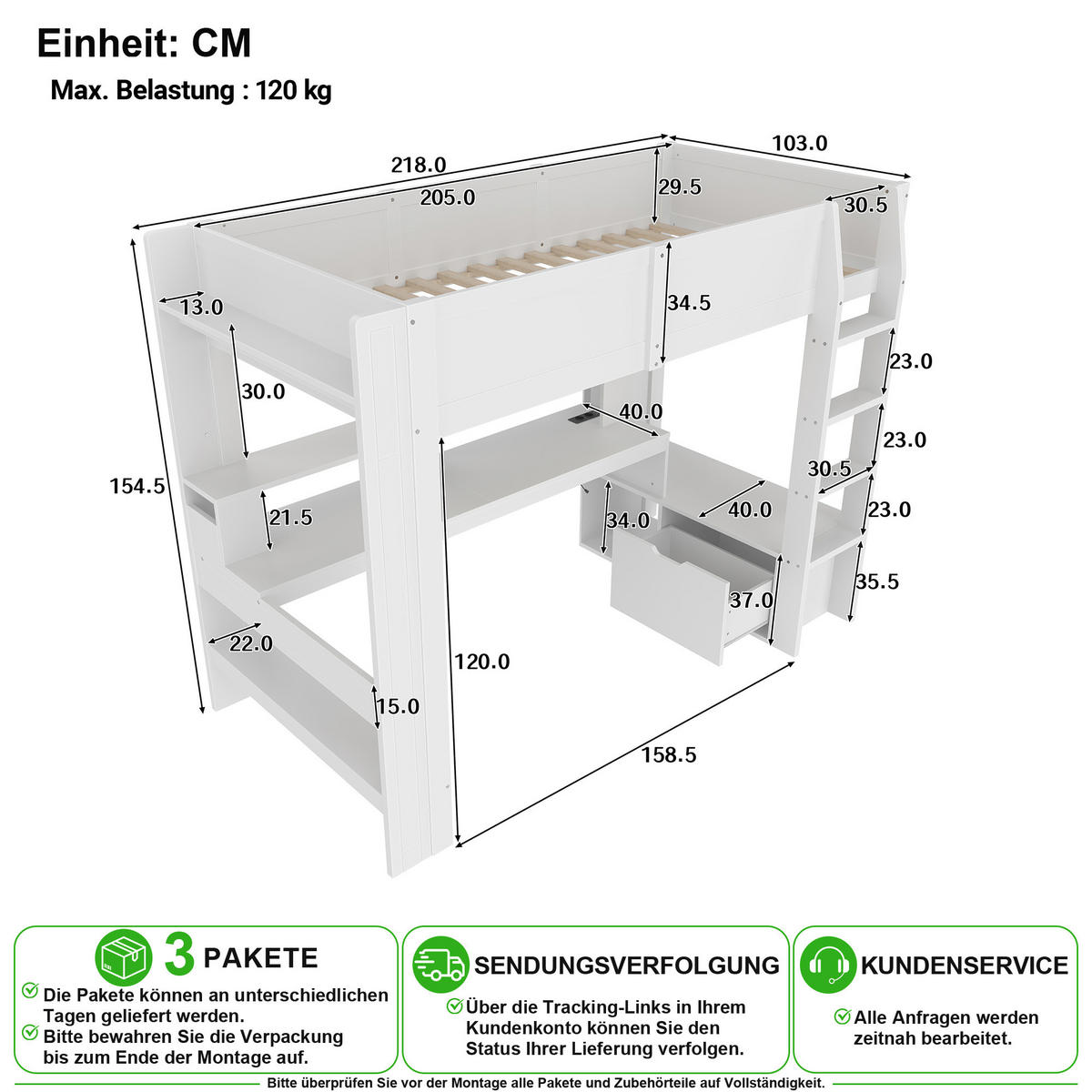 VYSOKÁ POSTEL 90/200 cm v bílé barvě s psacím stolem, policí, zásuvkou a LED - bílá, dřevo/kompozitní dřevo (90/200cm) - CHICFURN
