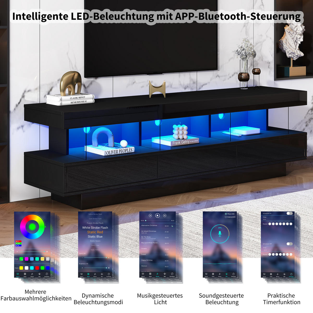 LOWBOARD TV-Ständer mit LED Bluetooth Steuerung und Musik Sync, Glasfächer Entertainment Möbel Schwarz - Schwarz, Holzwerkstoff (160/50.5/38cm) - EVRYAE