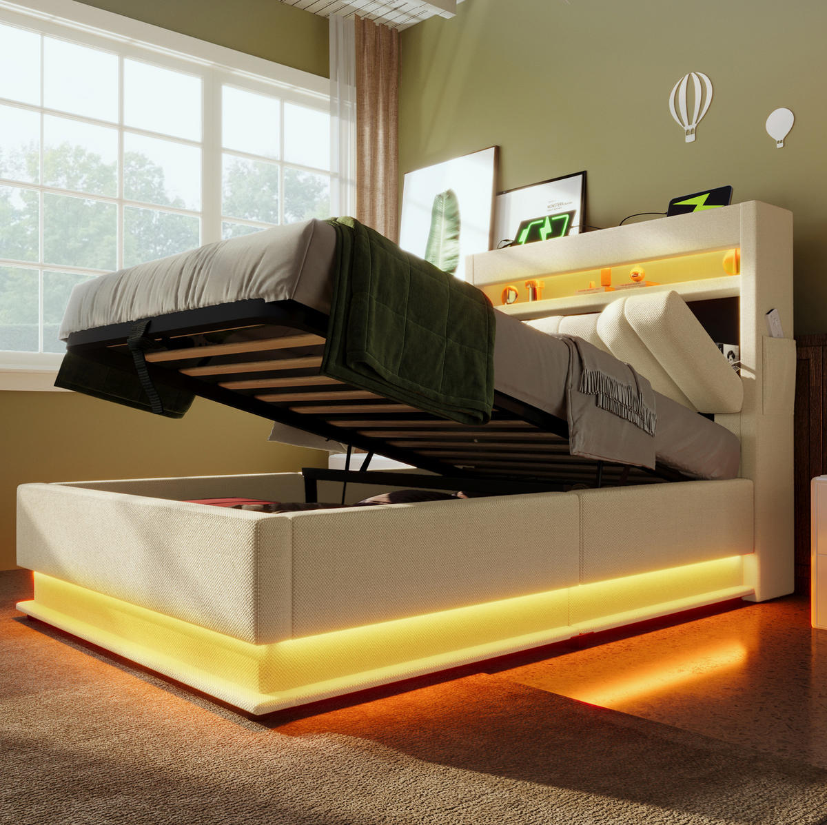 POLSTERBETT 90/200 cm Beige mit Stauraum, LED-Beleuchtung und Matratze - Beige, Textil (90/200cm) - Flora Grace