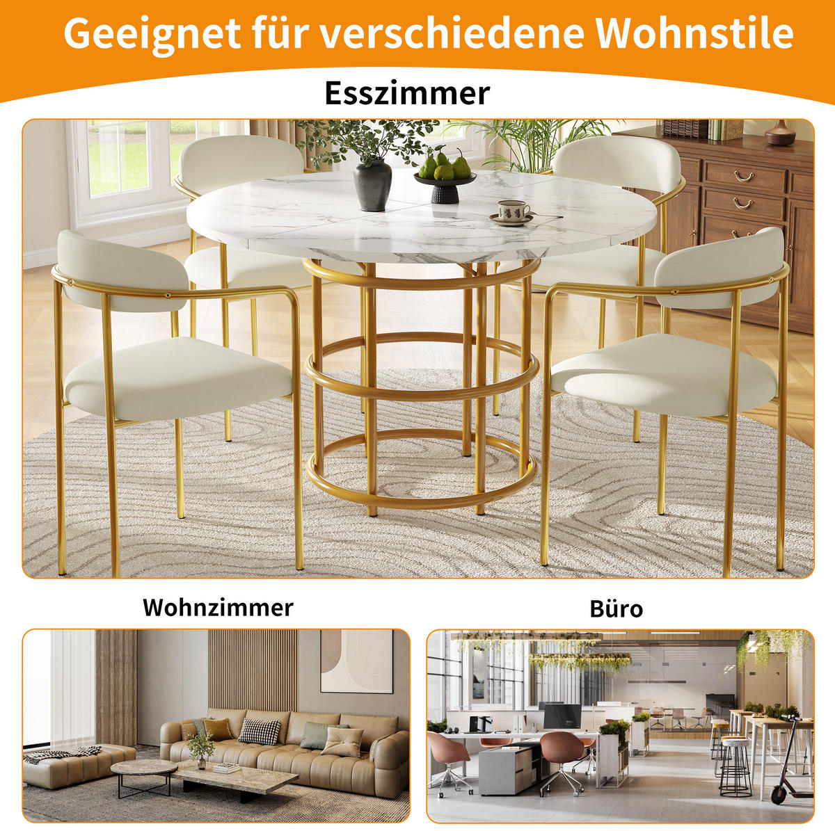 ESSTISCH 100x100x76 cm in Weiß und Gold aus MDF mit Marmoroptik auf goldfarbenem Metallgestell - Goldfarben, Holzwerkstoff (100/100/76cm) - Modfu