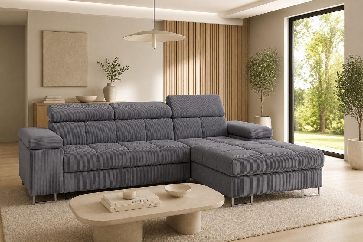 ECKSOFA COMODO Rechts mit Schlaffunktion & Bettkasten Grau - Dunkelgrau, Textil (271/203cm) - KS Home Concept