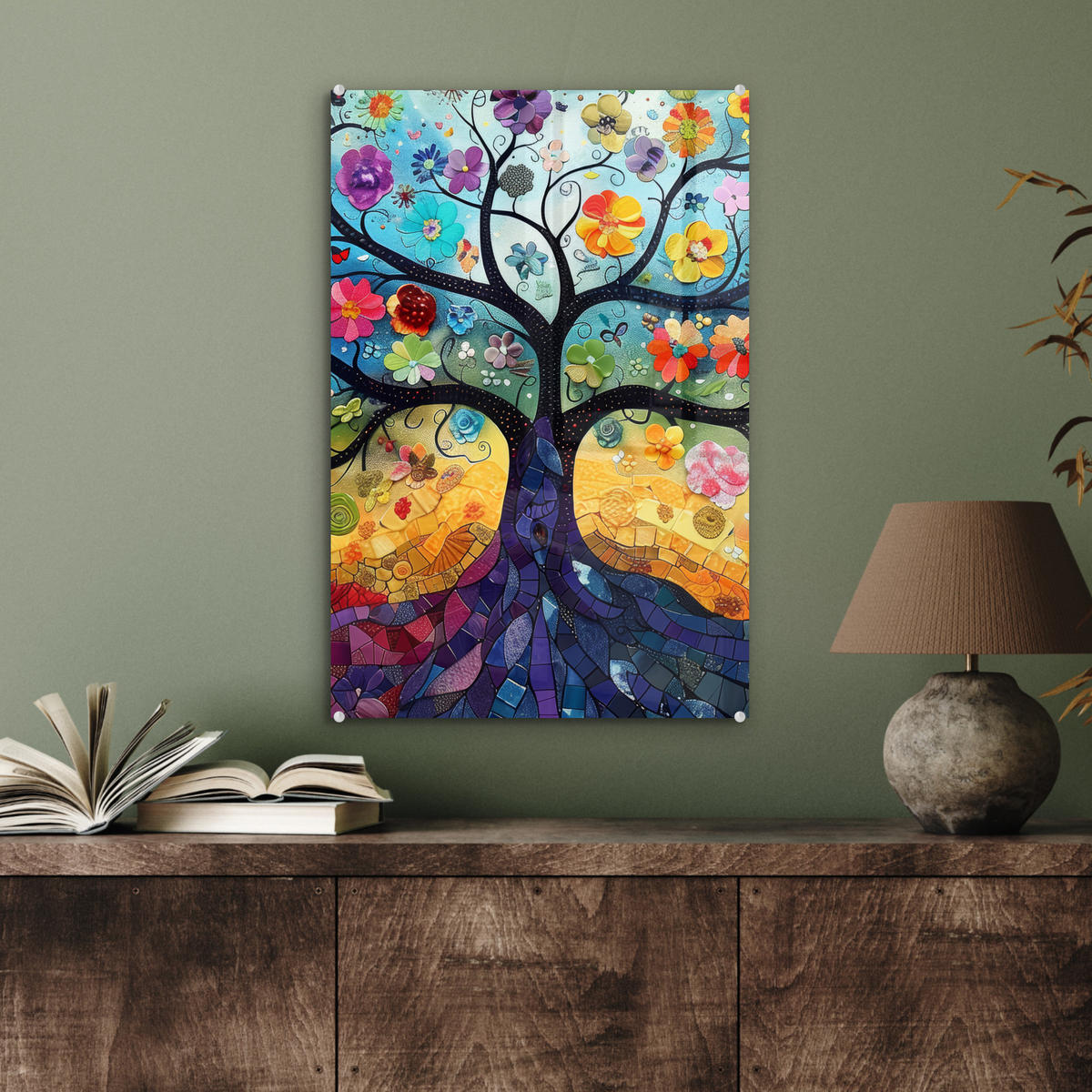 ACRYLGLASBILD Kunst - Baum des Lebens - Blumen - Hippie 40x60 cm - Dunkelblau, Glas (40/60cm) - MuchoWow