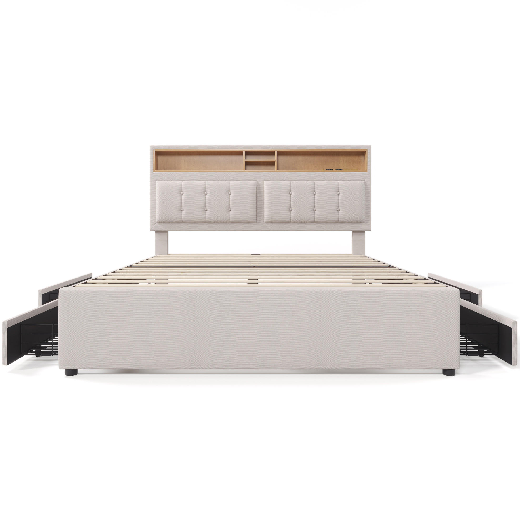 POLSTERBETT 160/200 cm mit Matratze, USB-C, Steckdosen, 4 Schubladen und verstellbarem Kopfteil, Beige - Beige, Textil (160/160cm) - Redom