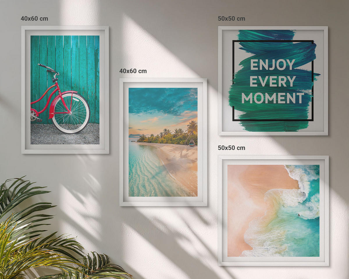 BILDER SET 4er Set - 50x50 cm & 40x60 cm Weißer Rahmen - Inspiration für ein Fahrrad mit Seeboot - Weiß, Kunststoff (50/50cm) - TULUP