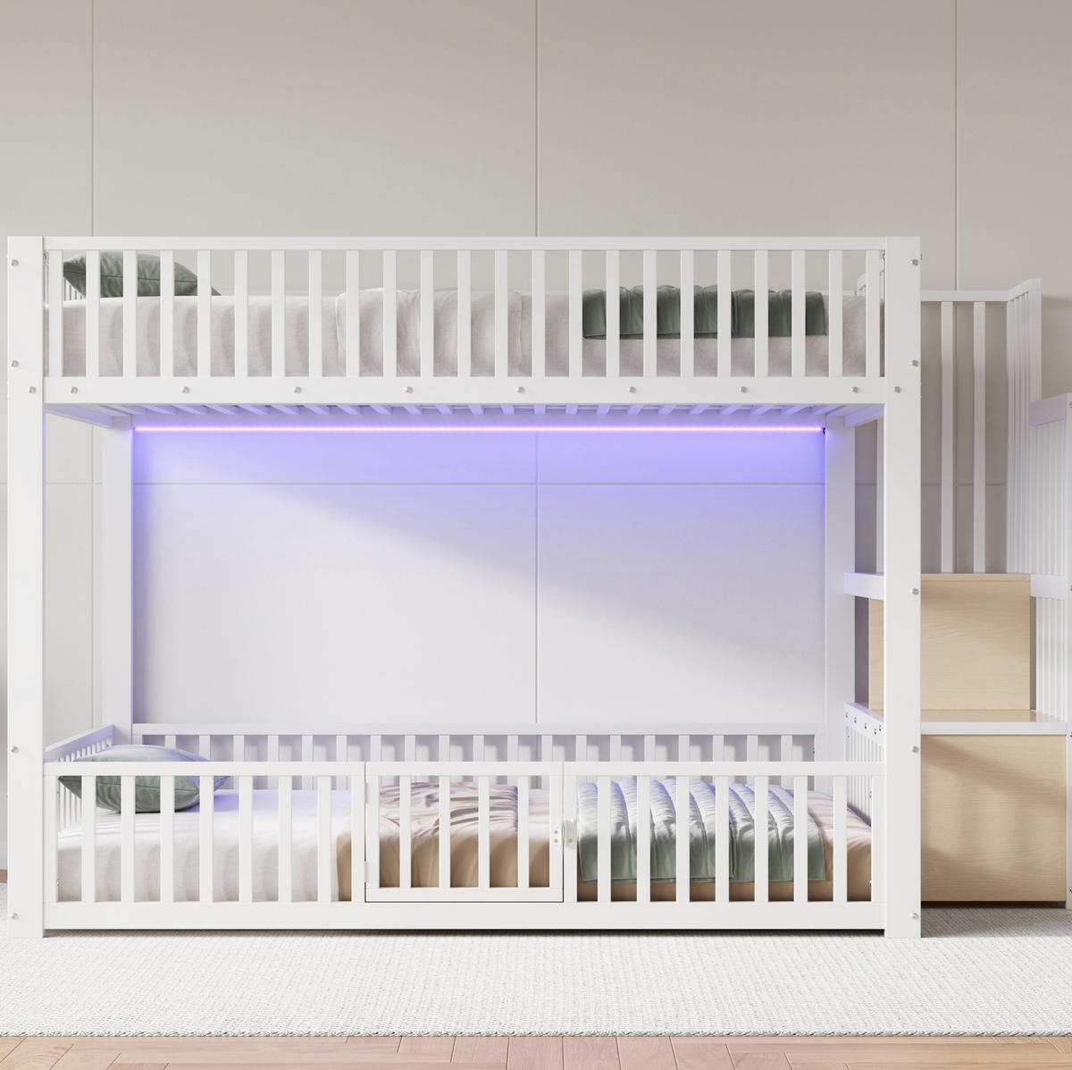 ETAGENBETT 140/200 cm aus MDF und Metall mit LED, Stauraumleiter, Weiß - Weiß, Metall (140/200cm) - OKMYHOME