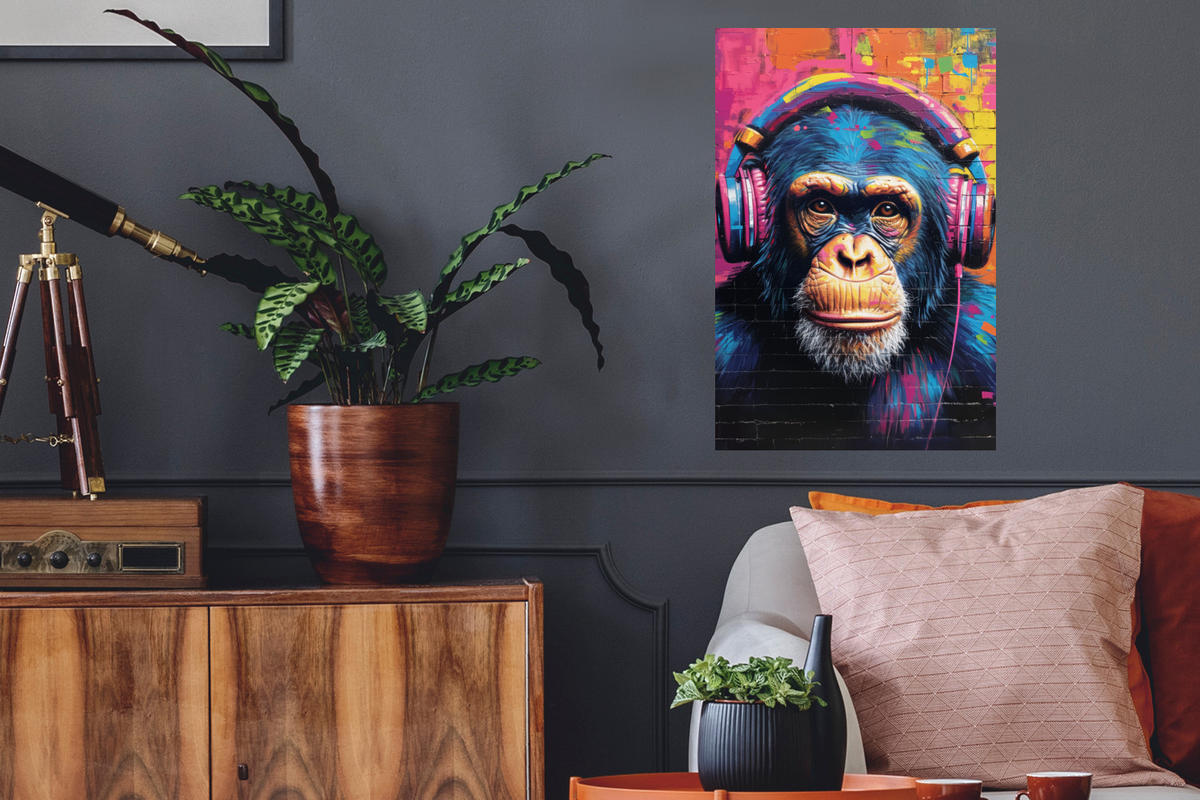 WANDTATTOO Graffiti - Schimpanse - Straßenkunst - Kopfhörer - Affe 40x60 cm - Blau, Kunststoff (40/60/0.1cm) - MuchoWow