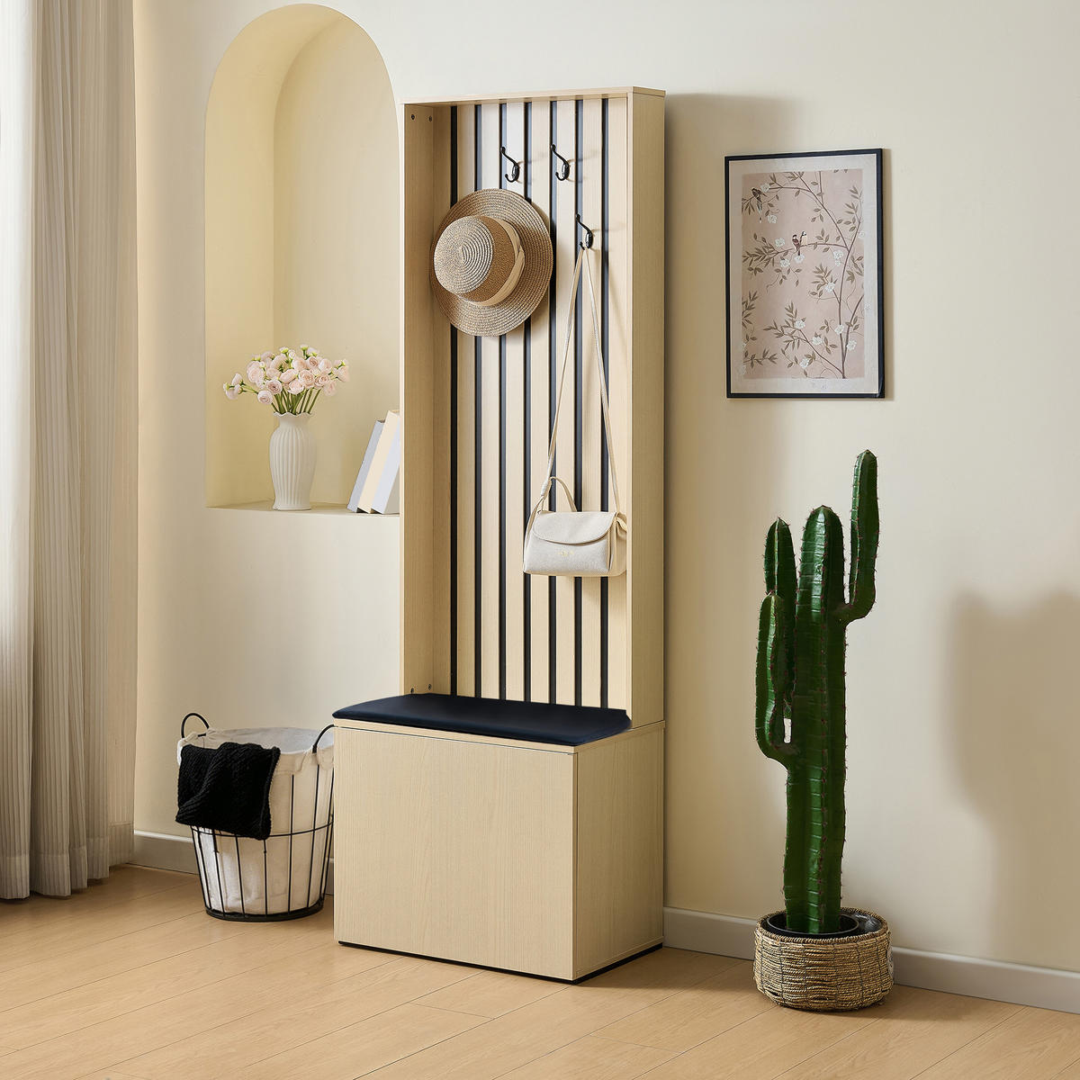 GARDEROBE Sitzbank Schuhschrank 4 Haken Stauraum Flur Organizer - Naturfarben, Holzwerkstoff (61/179.5/35cm) - FLIEKS