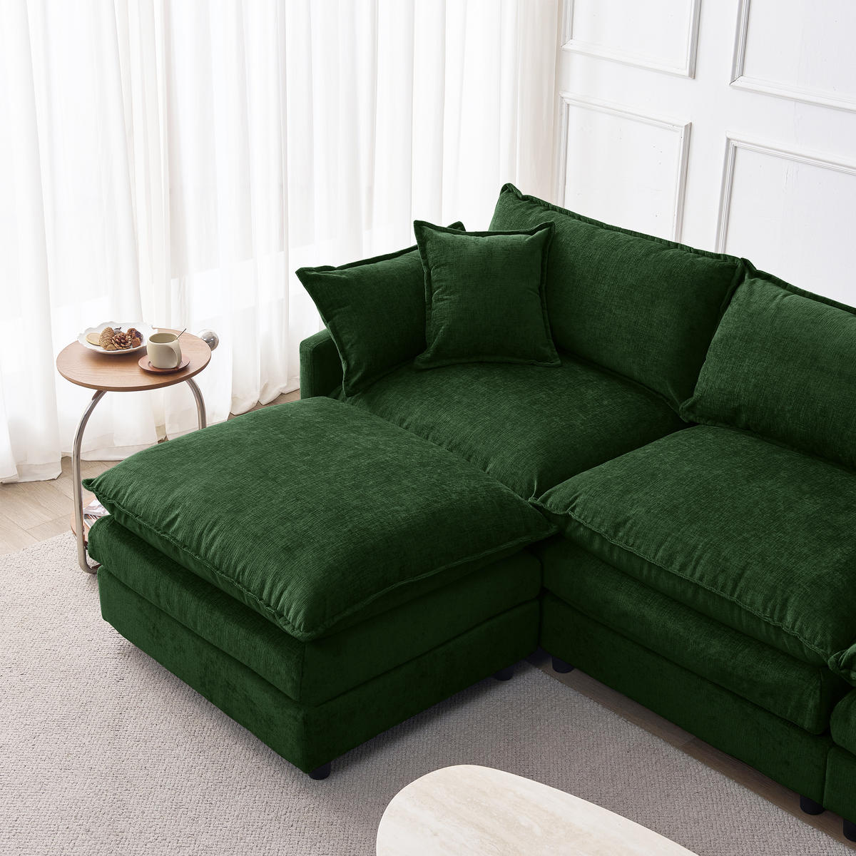 ECKSOFA Chenille Grün mit Hocker - Grün, Holzwerkstoff/Kunststoff (267/154cm) - WISHDOR