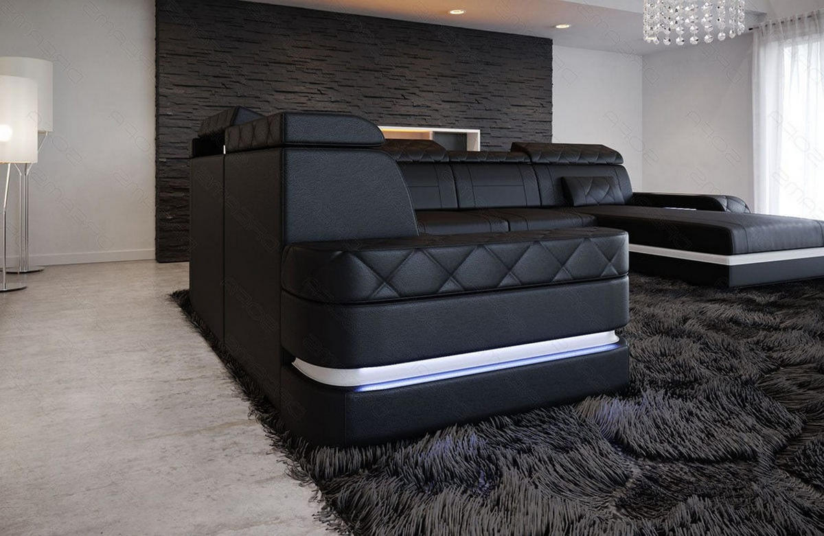 WOHNLANDSCHAFT Bologna Schwarz Weiß Büffelleder - Schwarz, Leder (397/89/299cm)