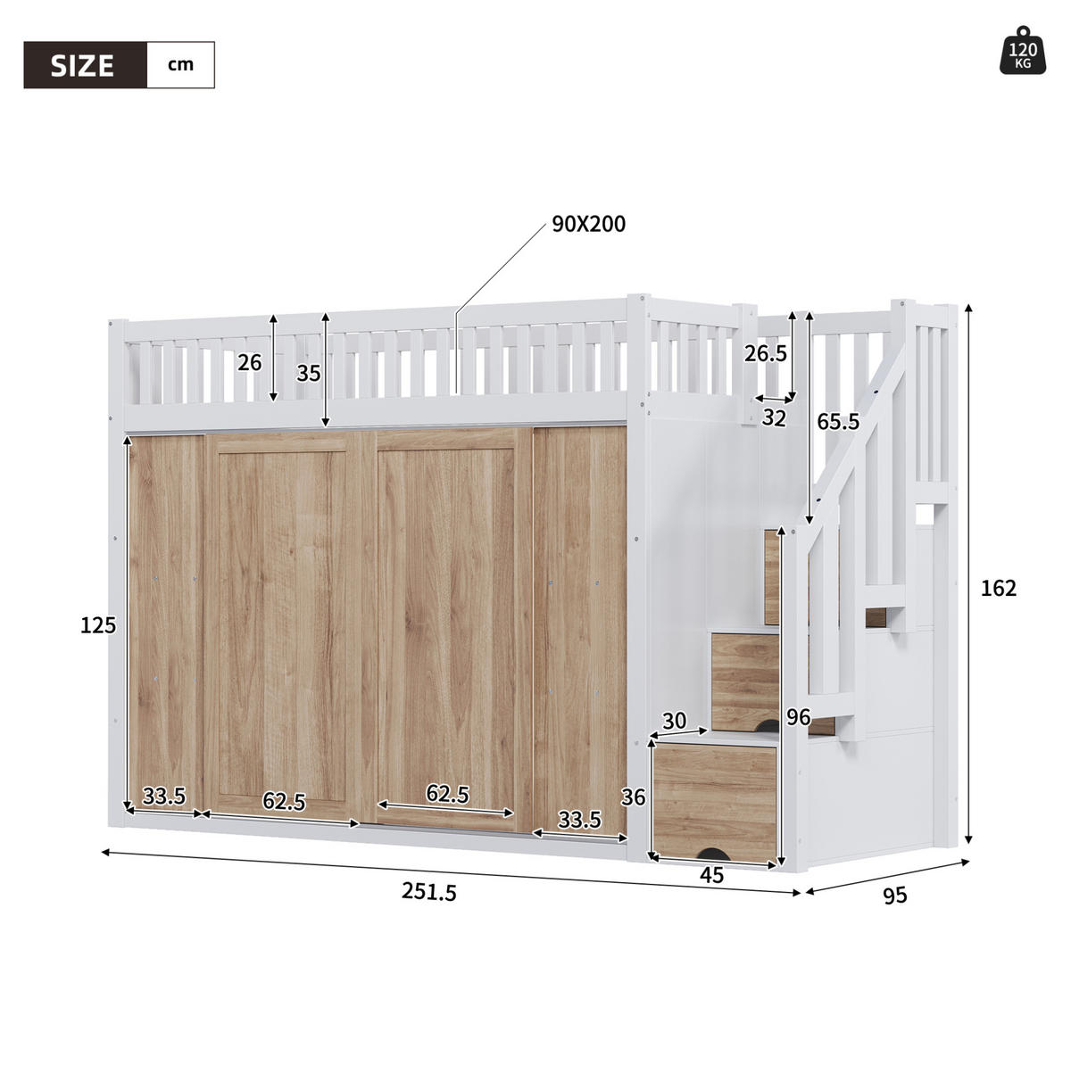 HOCHBETT 90/200 cm Weiß/Eiche mit Kleiderschrank und Treppe ohne Matratze - Weiß, Holz (90/200cm) - MIVRAY