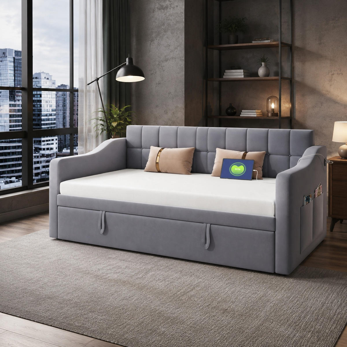 POLSTERBETT 90/190 mit Ausziehfunktion, USB, Aufbewahrungstasche und Lattenrost in Grau - Grau, Holzwerkstoff/Textil (90/190cm) - EVRYAE