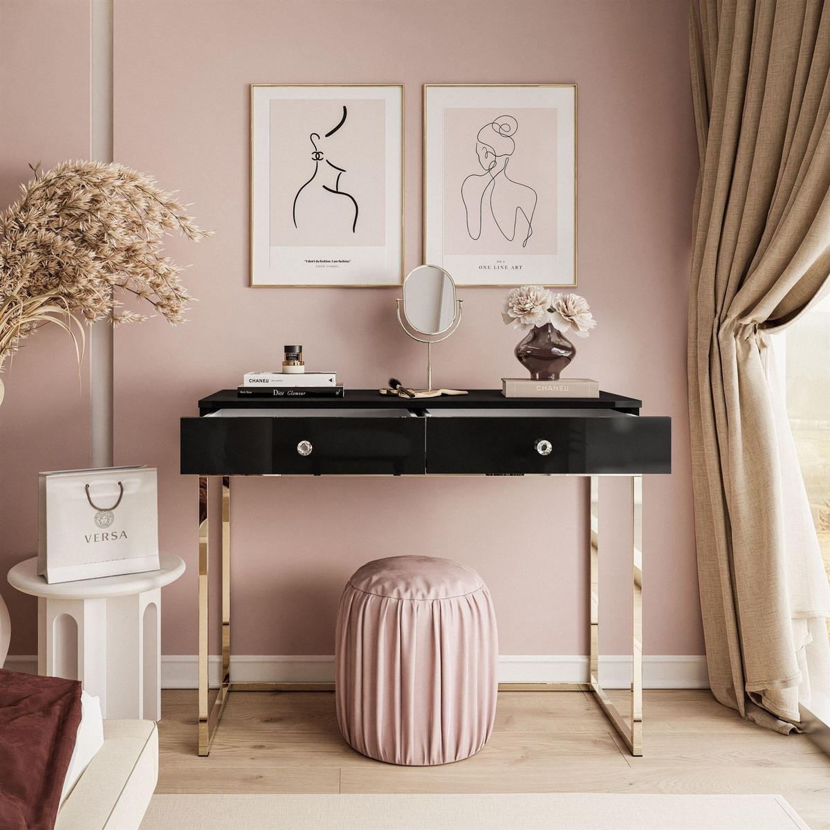 KONSOLE BLANCO mit Schubladen GOLD CHROM Schwarz Hochglanz Kristallgriff - Schwarz Hochglanz, Holzwerkstoff (42/100/81cm) - Lookway