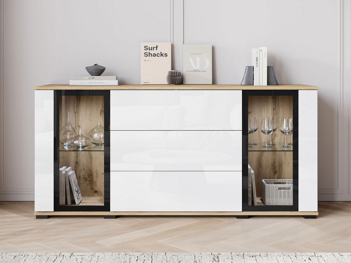 SIDEBOARD Caro SB 150 2D3S mit weißer LED Beleuchtung - Eiche Wotan/Schwarz, Holzwerkstoff/Kunststoff (150/70/40cm) - MIRJAN24