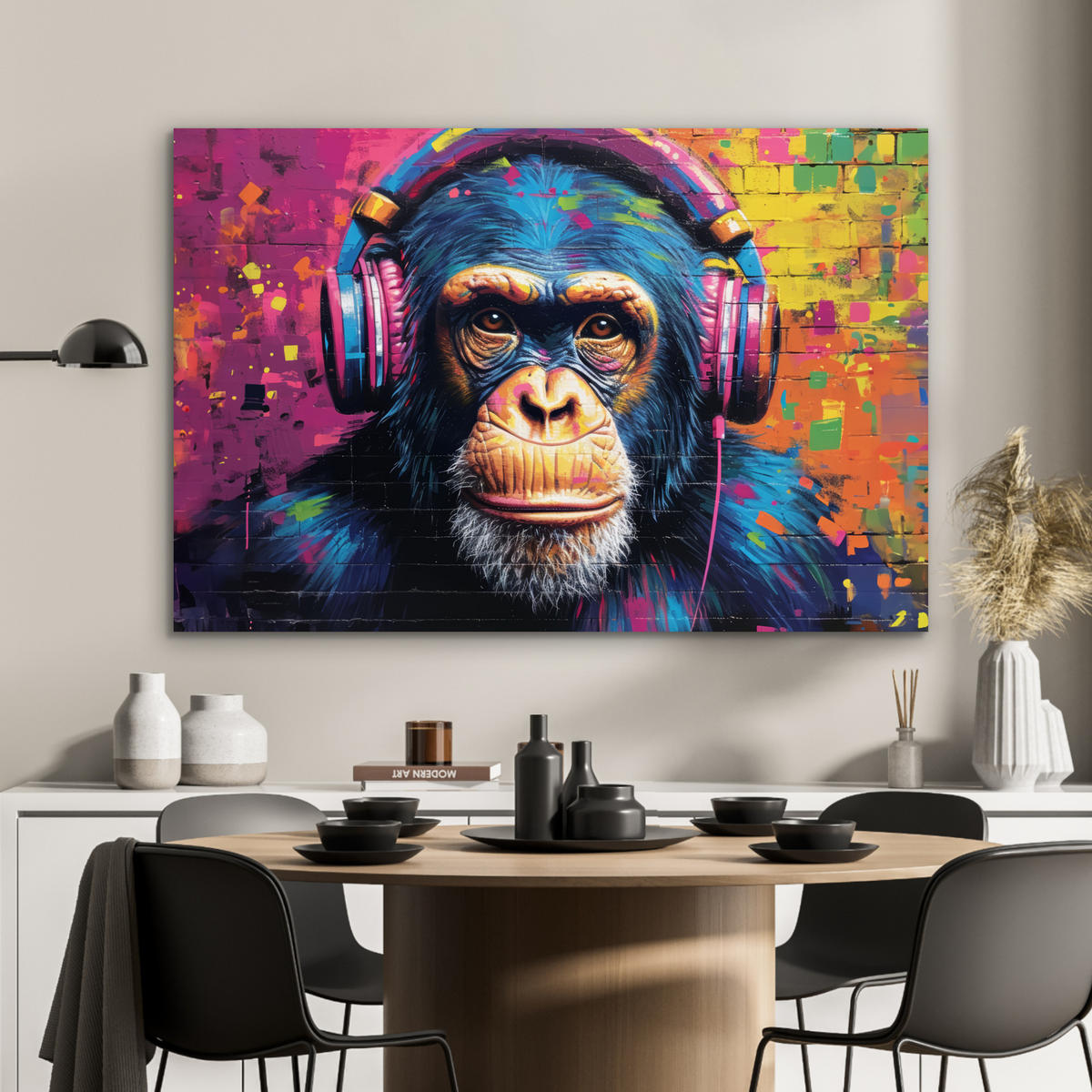 METALLBILD Graffiti - Schimpanse - Straßenkunst - Kopfhörer - Affe 90x60 cm - Blau, Metall (90/60cm) - MuchoWow