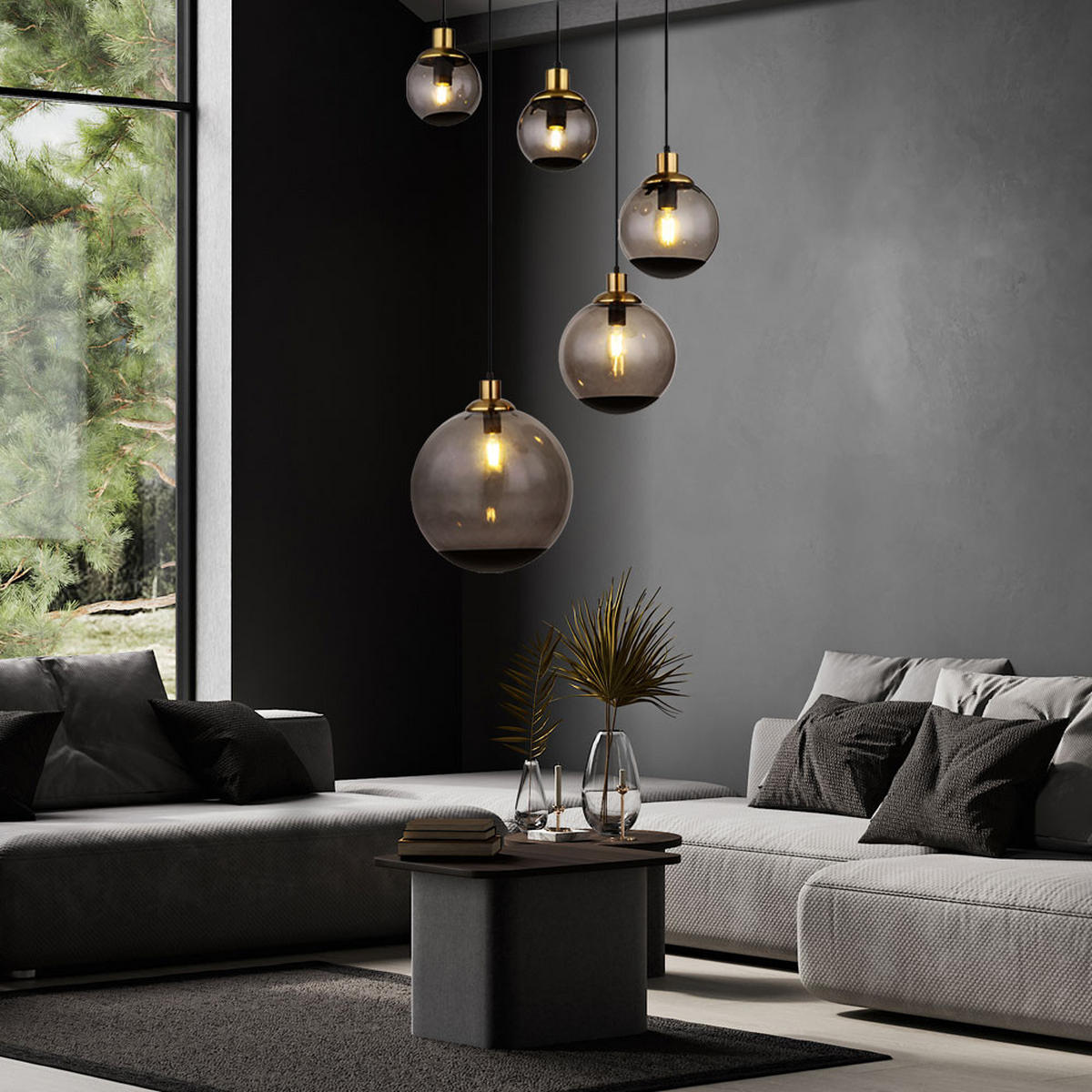 HÄNGELEUCHTE Metall Schwarz 5-Flammig - Schwarz, Glas (65/65/150cm) - Globo Lighting