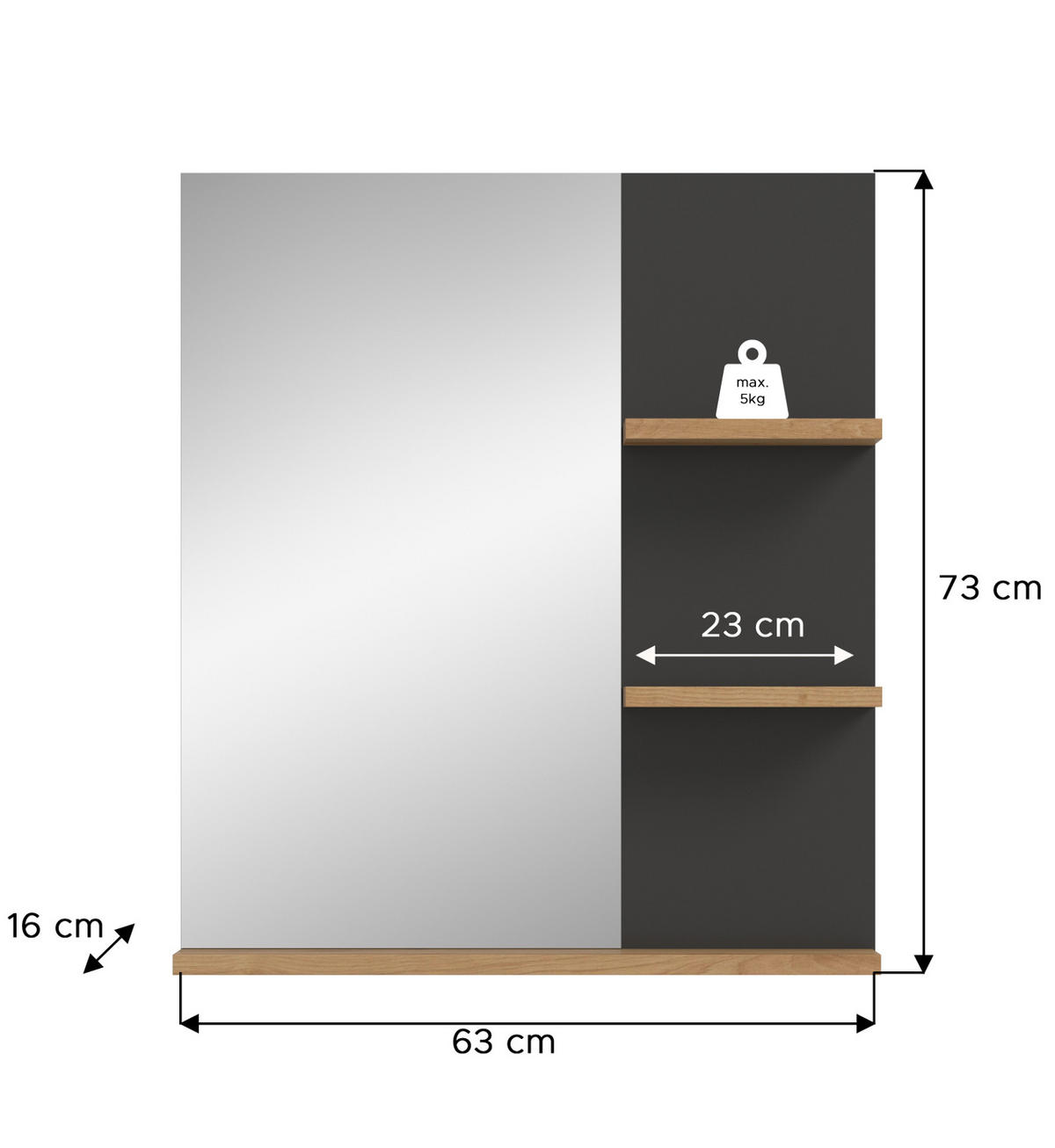 BADSPIEGEL Eiche, grau 63 cm, Wandspiegel mit Ablagen - Eiche Artisan/Grau, Glas/Holzwerkstoff (63/73/16cm) - Inn.Furn