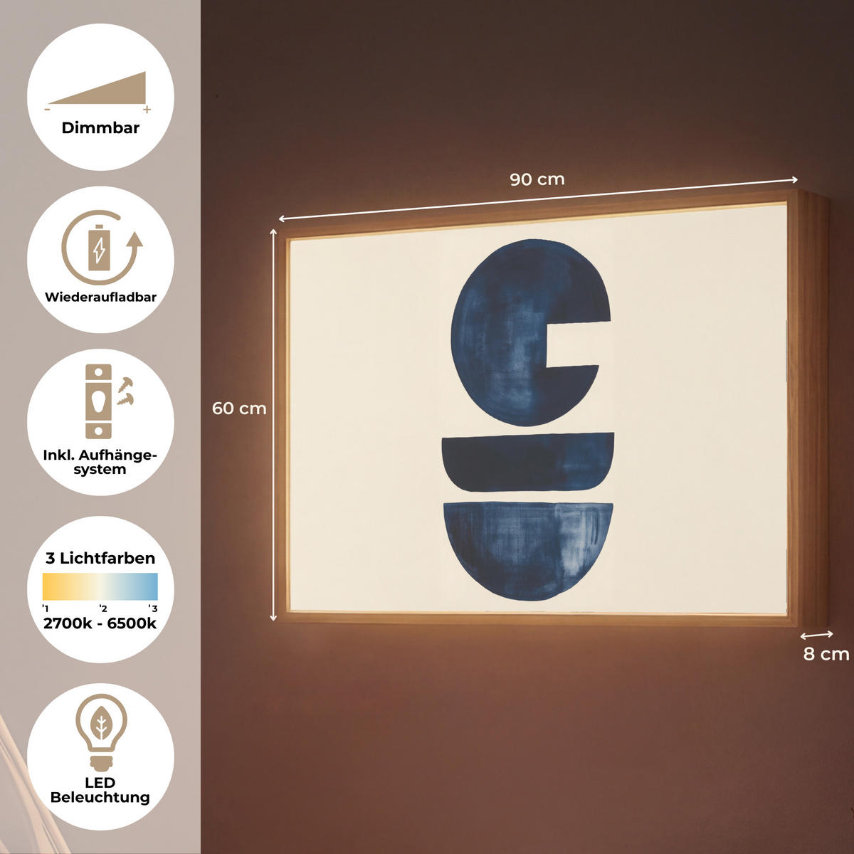NÁSTĚNNÁ LAMPA S AKUMULÁTOREM Tvary - modrá - abstraktní 90x60 cm - tmavě modrá, kompozitní dřevo (90/60/8cm) - OnlyWow