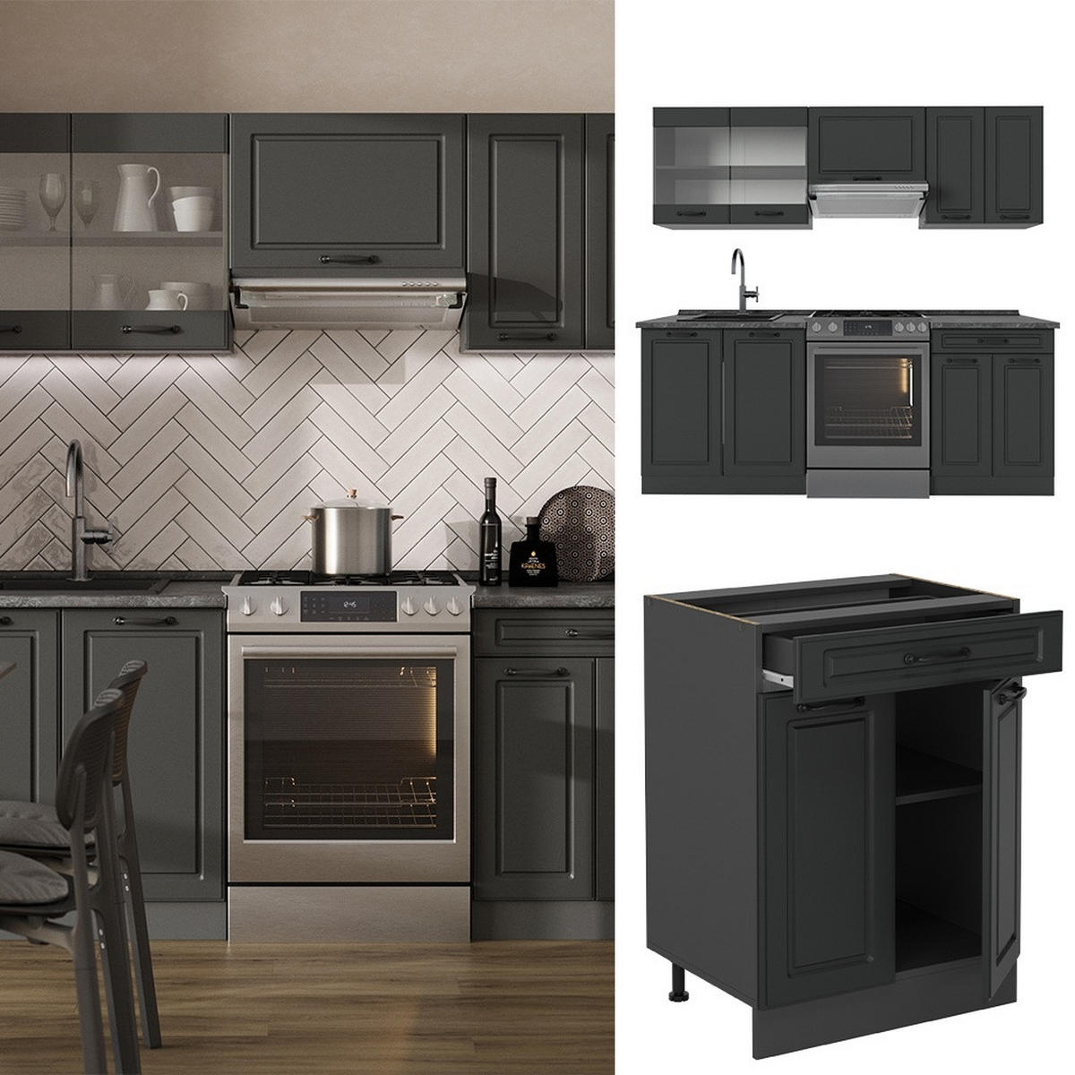 KITCHENETTE R-Line Casă de țară antracit/antracit 200 cm , AP Stejar - antracit, compozit lemnos (200/81.6/60cm) - Vicco