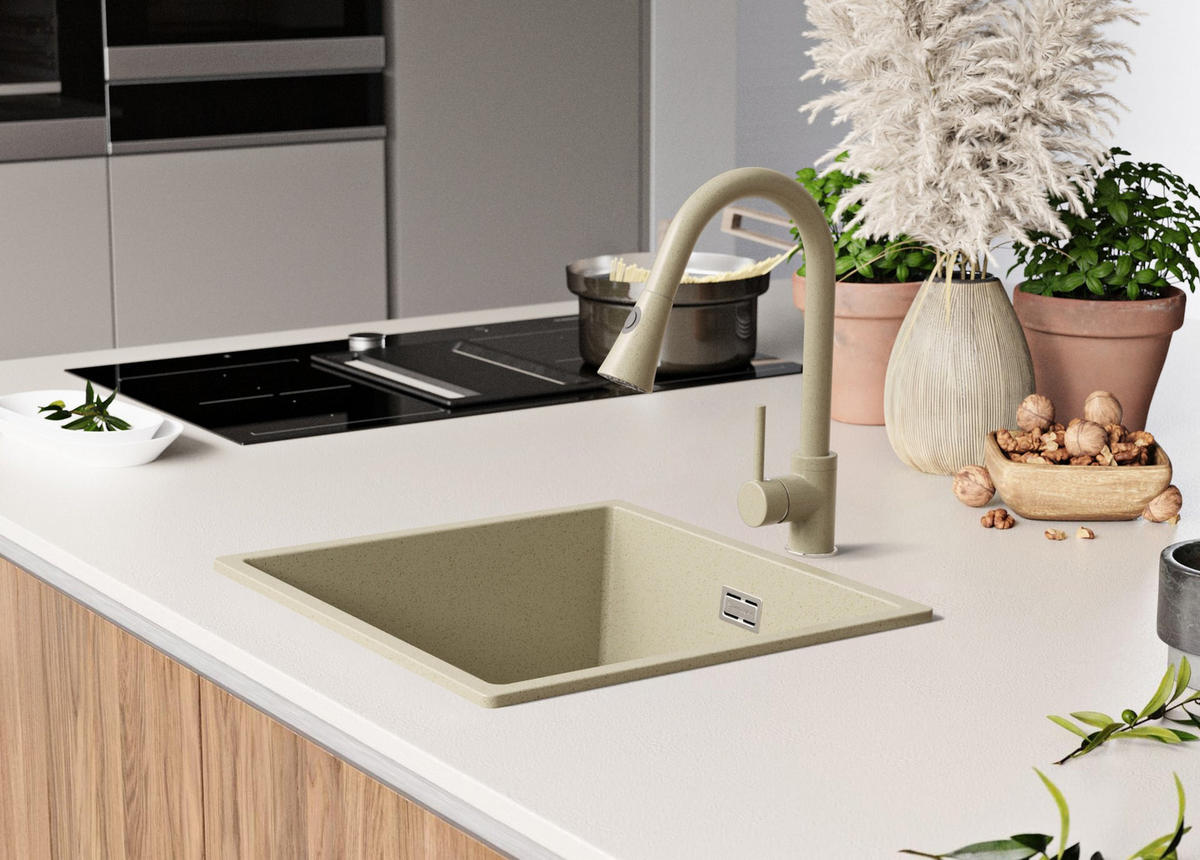 GRANITSPÜLE London Slim, 2-er set Beige 46/47 cm 1 Becken + Küchenarmatur 38/14 cm + Ablauf-Set ab 50er Unterschrank - Beige, Kunststoff (46/20/47cm) - Primagran