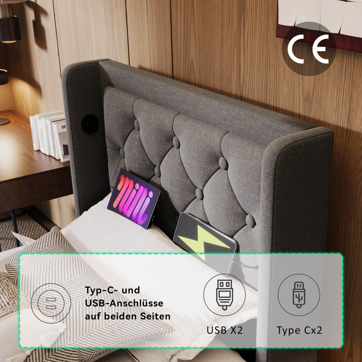 POLSTERBETT 90/200 cm in Grau Stoff mit Bettkasten, LED, USB und Type-C - Grau, Holzwerkstoff/Textil (90/200cm) - WISHDOR
