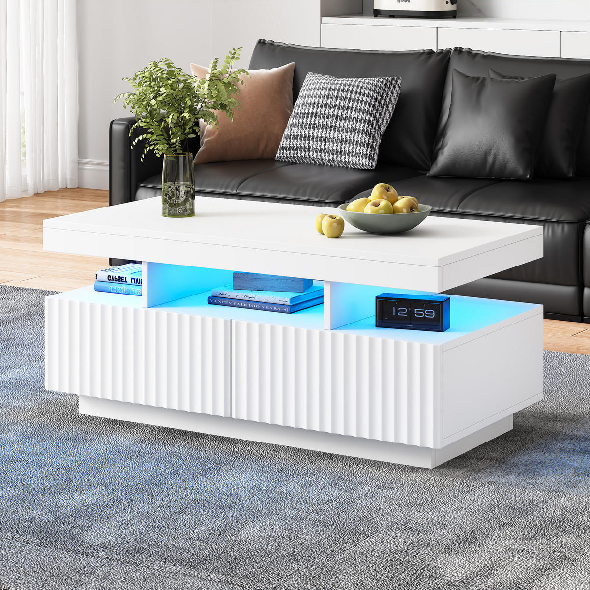 COUCHTISCH LED Weiß 2 Schubladen 100x50x45cm Vakuum Teetisch - Weiß, Holzwerkstoff (100/50/45cm) - FLIEKS