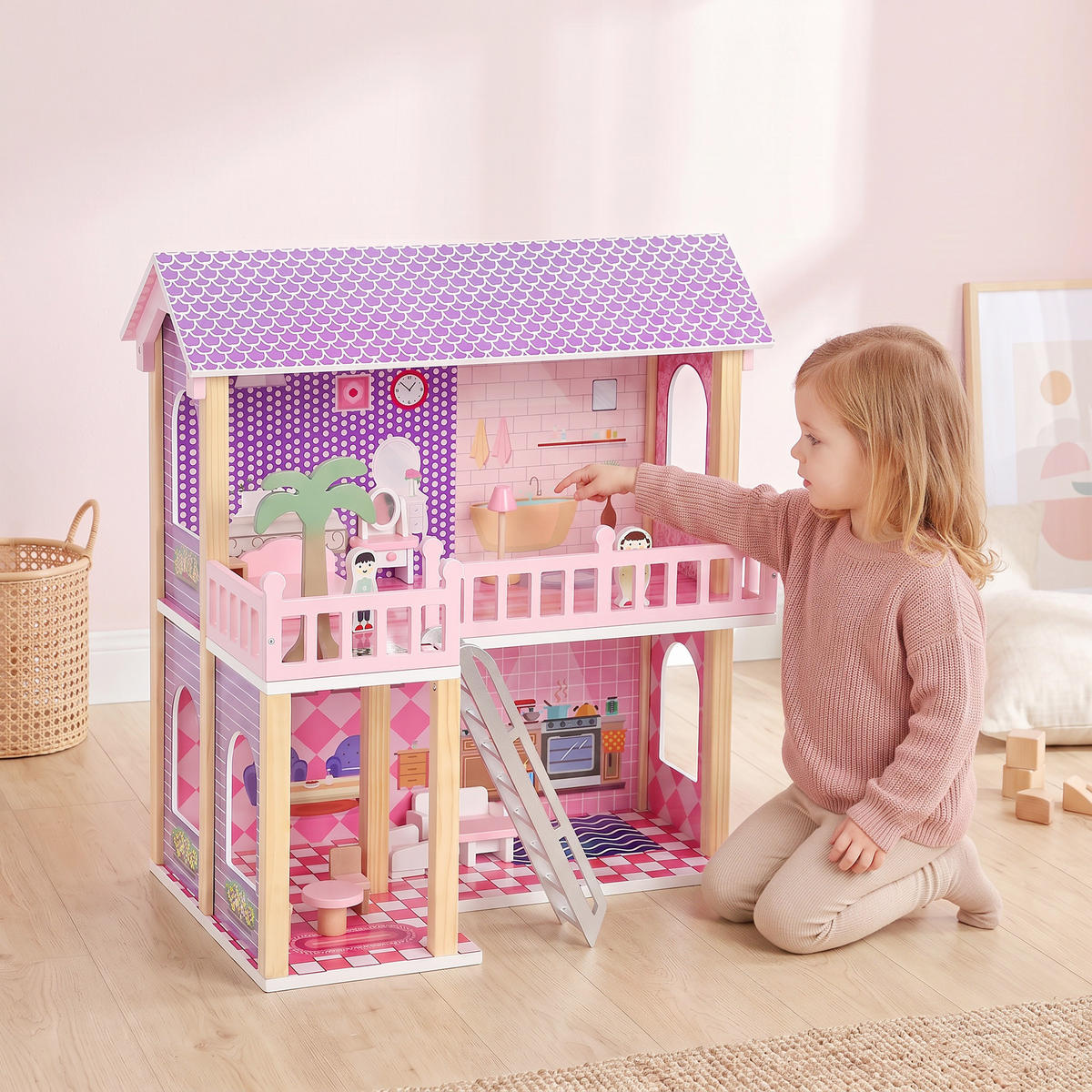 PUPPENHAUS MDF Kiefernholz Rosa - Rosa, Holzwerkstoff (40/69/64cm) - AIYAPLAY