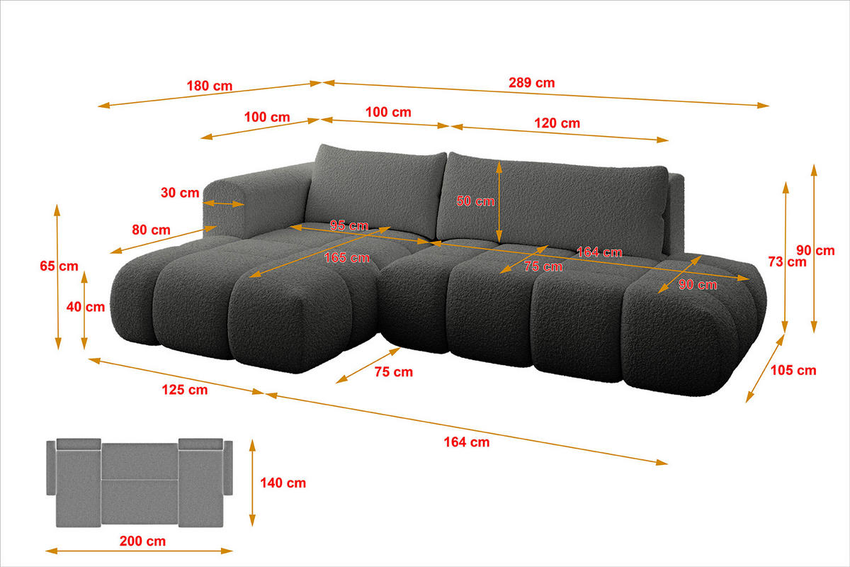 ECKSOFA Ottomane Links CLOUD-L 289x180x40 Grau Bouclé - Grau, Holzwerkstoff/Kunststoff (180/289cm) - ALTDECOR