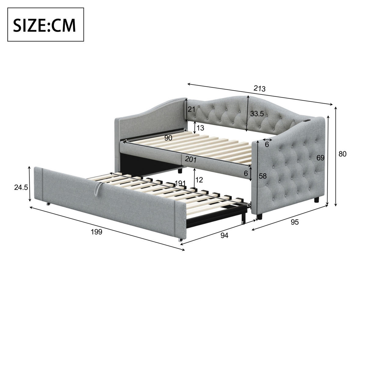TAPECIRANI krevet na razvlačenje 90/200 cm sivi od lana s USB priključkom - siva, tekstil (90/200cm) - OKWISH