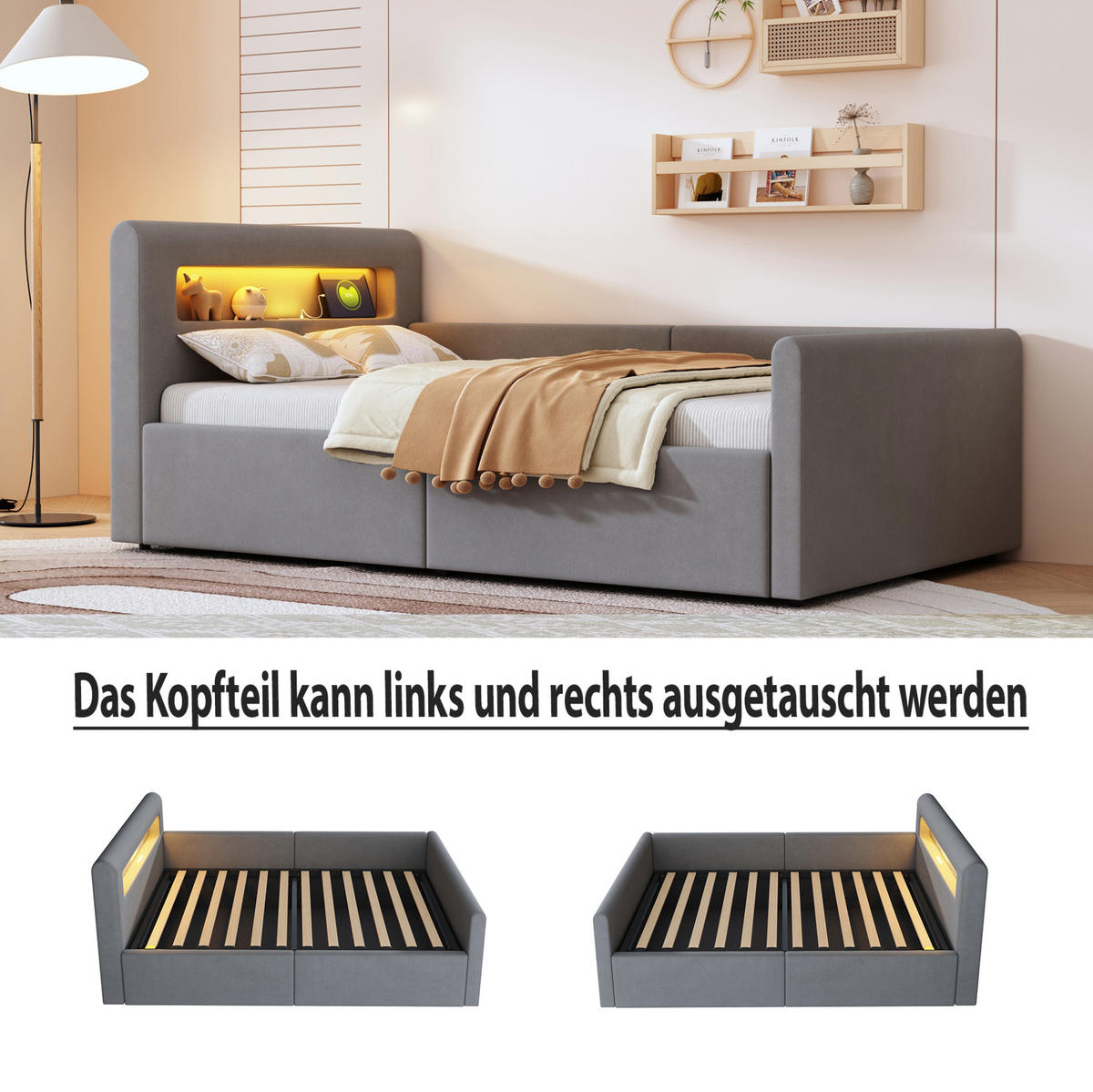 POLSTERBETT 90/200 cm hellgrau aus Samtstoff mit Stauraum - Grau, Textil (90/200cm) - OKMYHOME