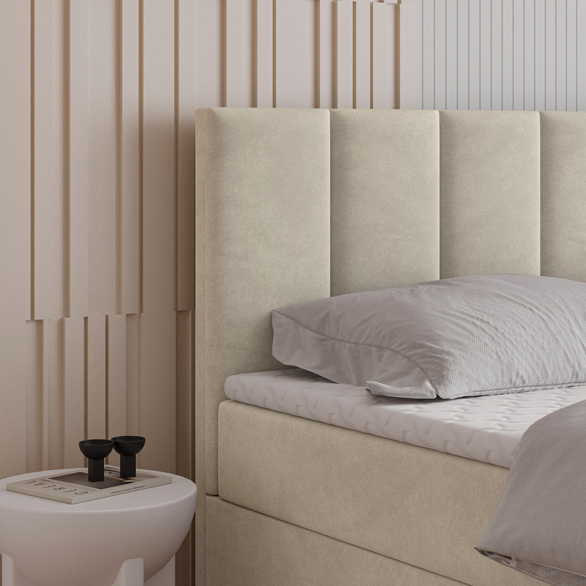 BOXBETT MERIL 160x200 cm mit Matratze und Topper - Beige - Beige, Holz (160/200cm) - MASSENO