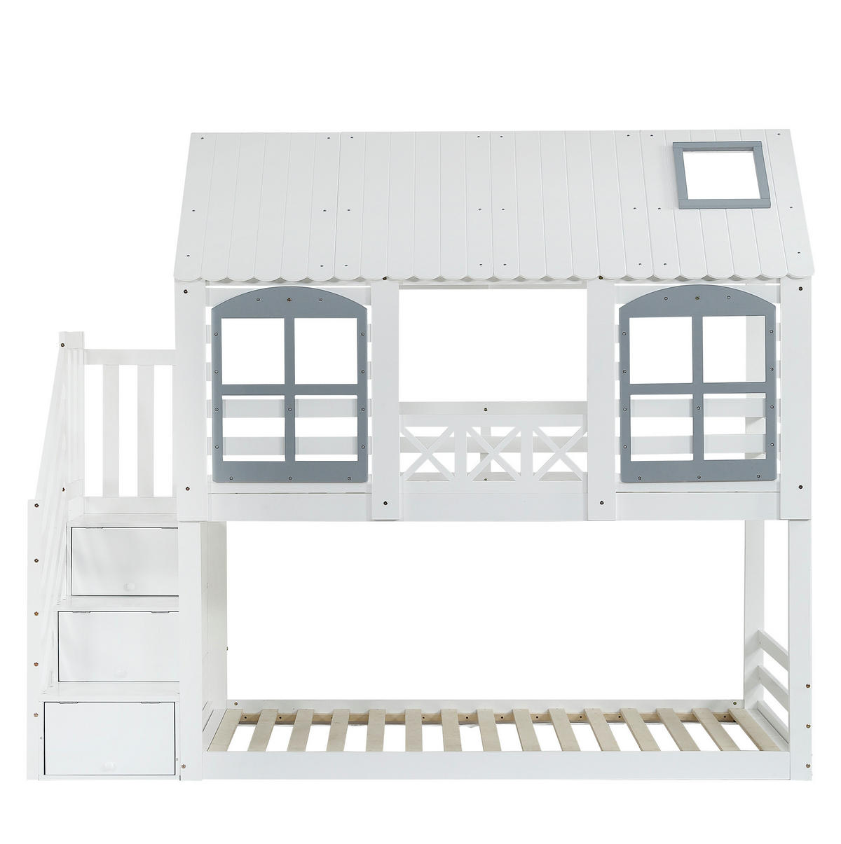 ETAGENBETT 90/200 cm mit Dach, Fenstern, Stauraumtreppe und Fallschutz, Kiefer/MDF, Weiß/Grau - Weiß, Holzwerkstoff (90/200cm) - Redom
