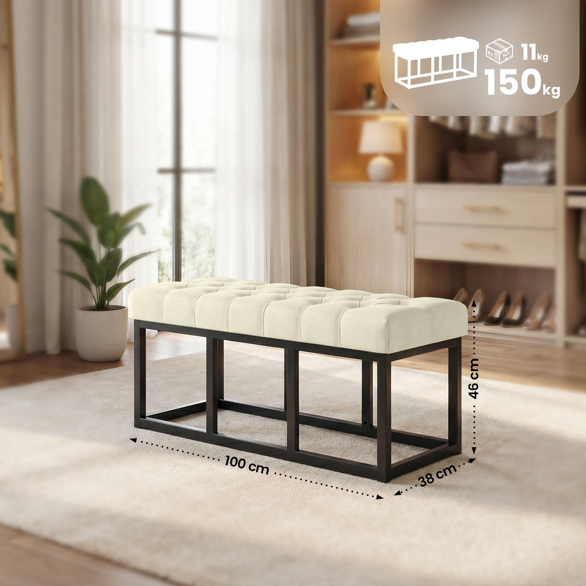 SITZBANK 100/38 cm Stoff Creme - Creme/Schwarz, Textil/Metall (100/46/38cm) - CLP
