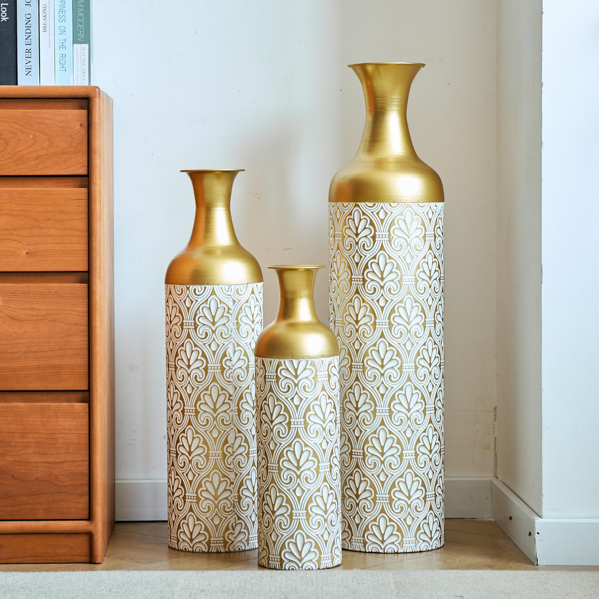 BODENVASE 3-tlg 50/66/83cm Bodenvase-Gold Metallvase mit Punkte-Muster Vintage-Übertopf - Goldfarben, Metall (91.45cm) - Raelunyi