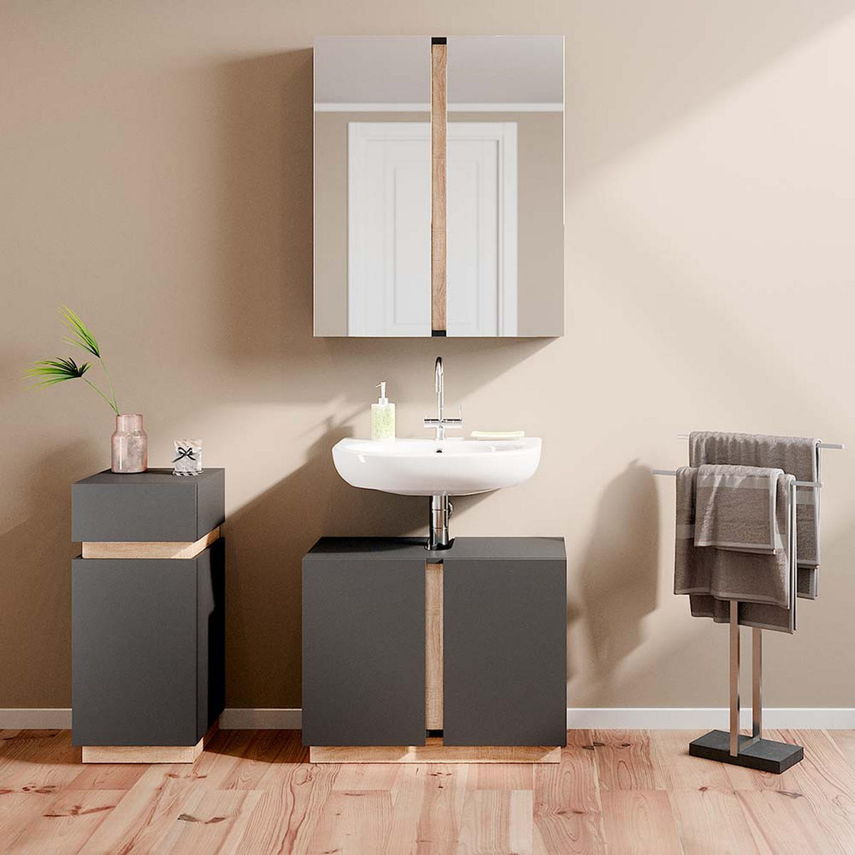 BADMÖBEL-SET Gloria Anthrazit 3 Teile, mit Midischrank - Anthrazit/Sonoma Eiche, Holzwerkstoff (70/55/34cm) - Vicco