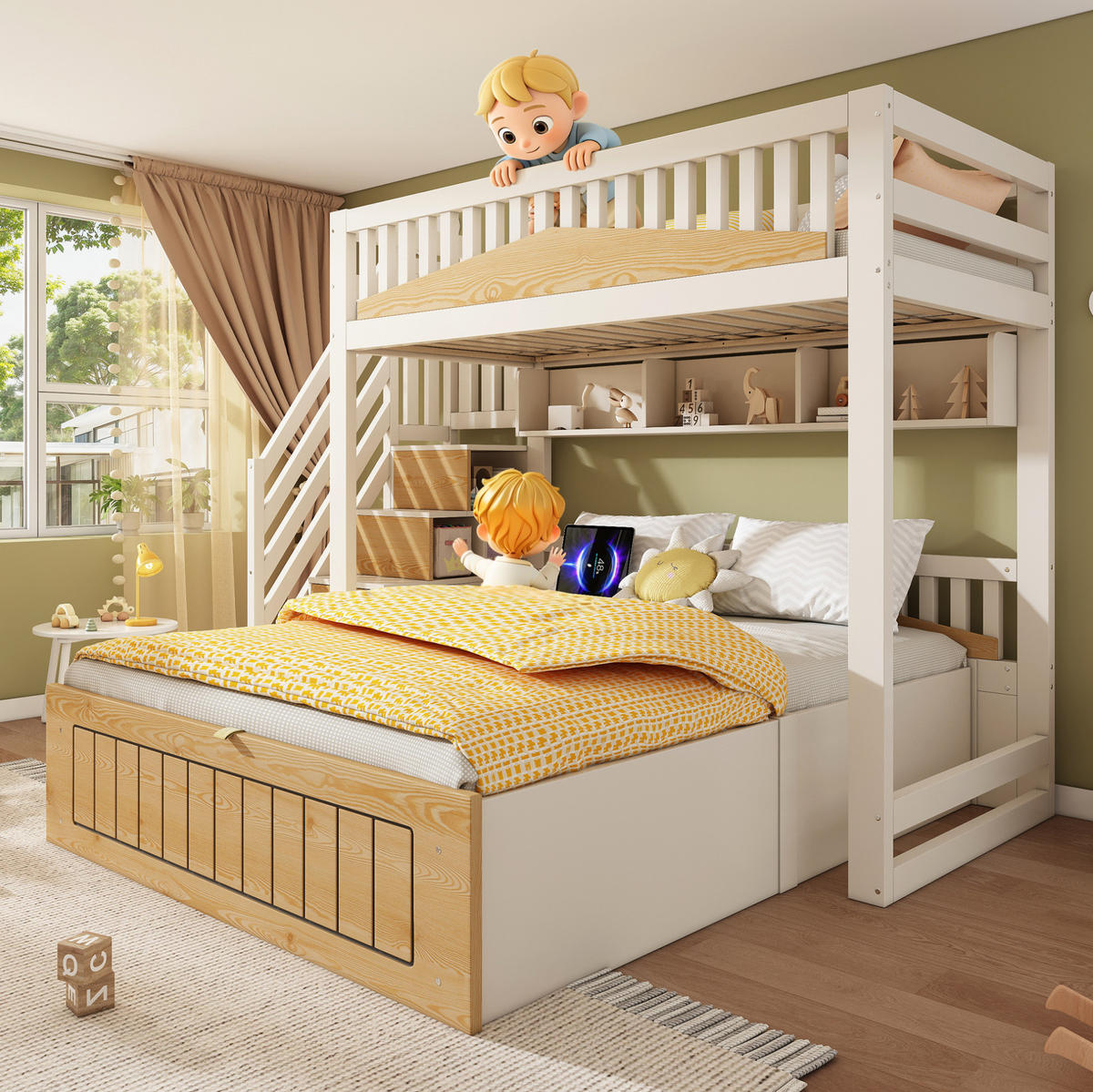 ETAGENBETT 160/200 cm weiß/natur aus Holzwerkstoff mit Stauraum und USB-C - Weiß, Holzwerkstoff (90/200cm) - OKWISH