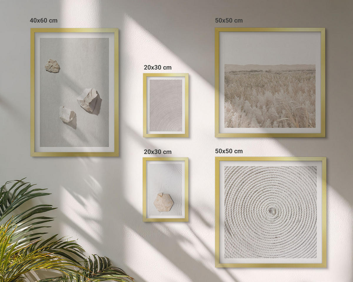 WANDBILDER 5er Set - 50x50 cm & 20x30 cm & 40x60 cm Goldrahmen - Leichte Boho-Sandtexturen - Goldfarben, Kunststoff (40/60cm) - ArtPrintCave