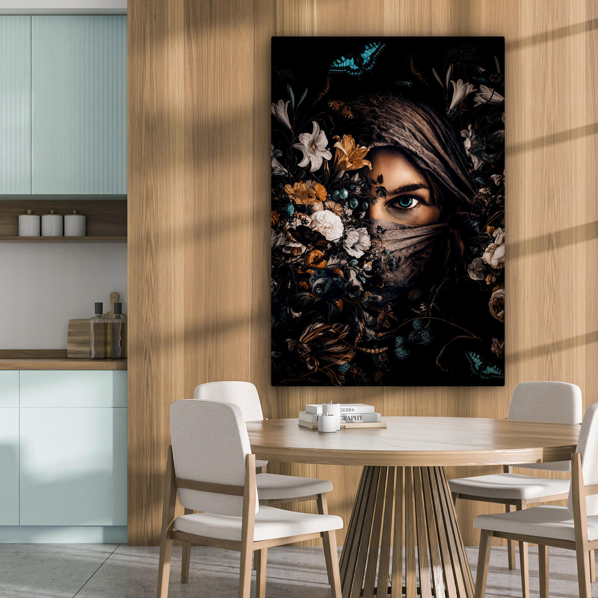 LEINWANDBILD Frau - Luxus - Blumen - Schmetterling - Porträt 90x140 cm - Schwarz, Textil (90/140cm) - MuchoWow