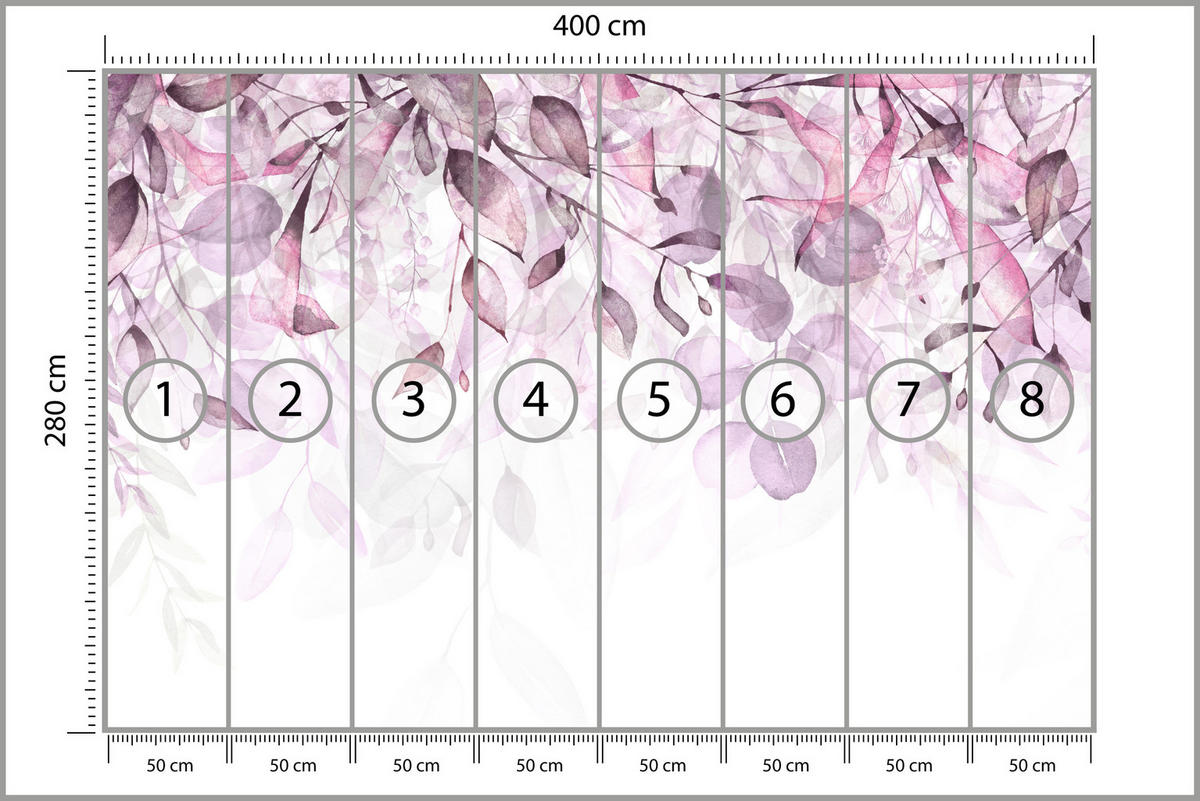 FOTOTAPETE für Schlafzimmer Aquarell Zarte Rosa Blätter Botanisch 400x280 - Violett/Weiß, Papier (400/280cm) - Muralo