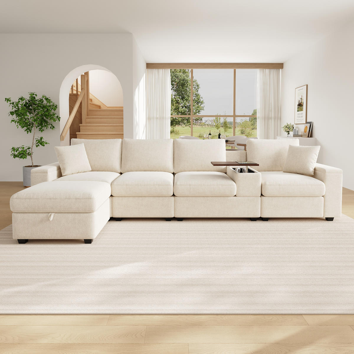 ECKSOFA mit USB/Type-C, Stauraum und drehbarem Couchtisch - Beige, Textil (313/147cm) - EVRYAE
