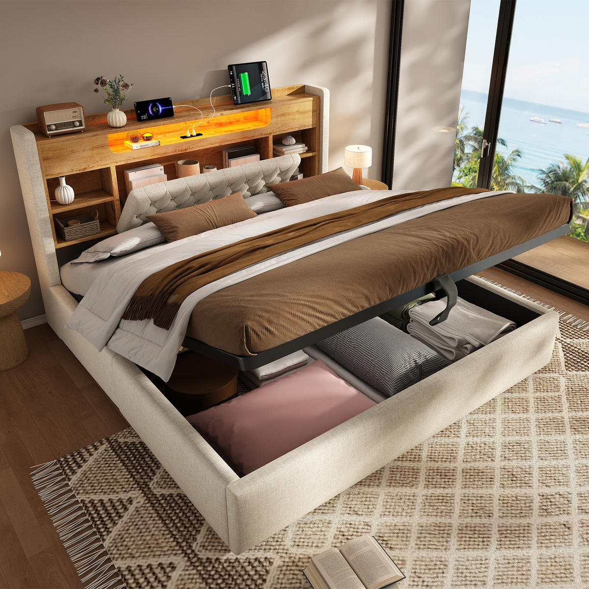POLSTERBETT 180/200 cm in Beige aus Leinen mit LED, USB-C und Stauraum - Beige, Holzwerkstoff/Textil (180/200cm) - WISHDOR